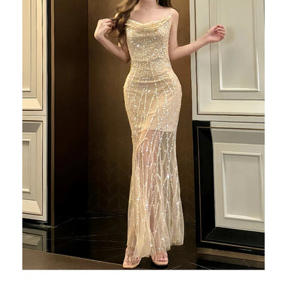 Rhinestone Spaghetti Strap Designer Mermaid Gown Dress