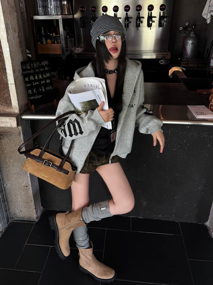 American Heavyweight Zip Hoodie Retro Letter Print Couple Goth Top