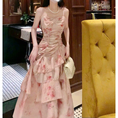 Ruffle Rose Print Spaghetti Strap Gown Dress