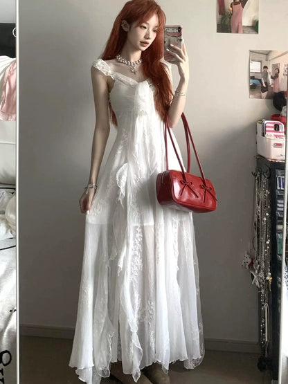 French-Inspired White Sheer Tulle Camisole Maxi Dress