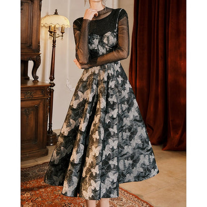 French Vintage Floral Gown Dress with High Neck Top