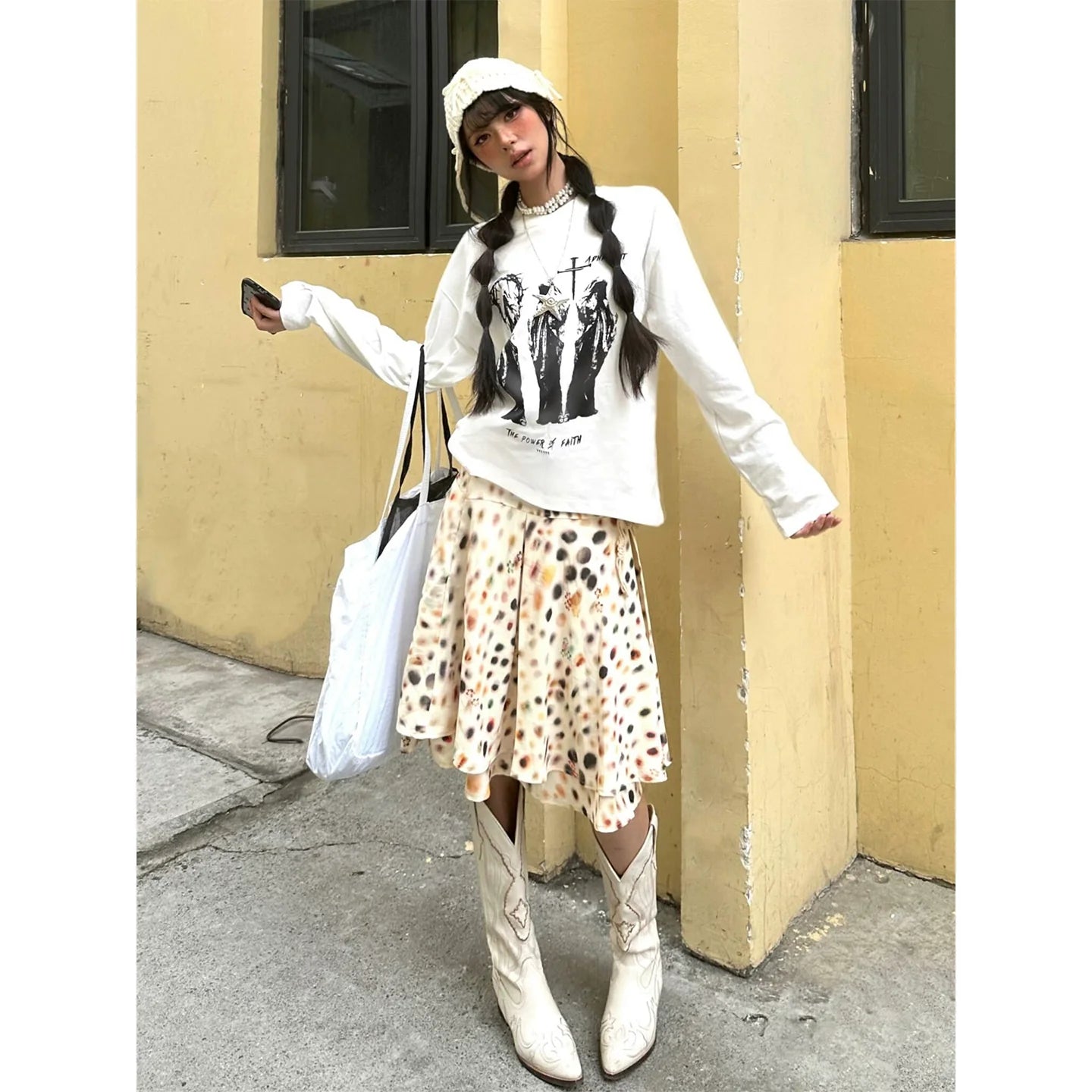 Subculture White Printed Long Sleeve Tee Boxy Cropped Vintage Top