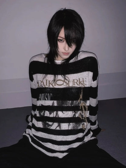 Visual Kei Black & White Striped Sweater Autumn-Winter Portrait Print Knit Top