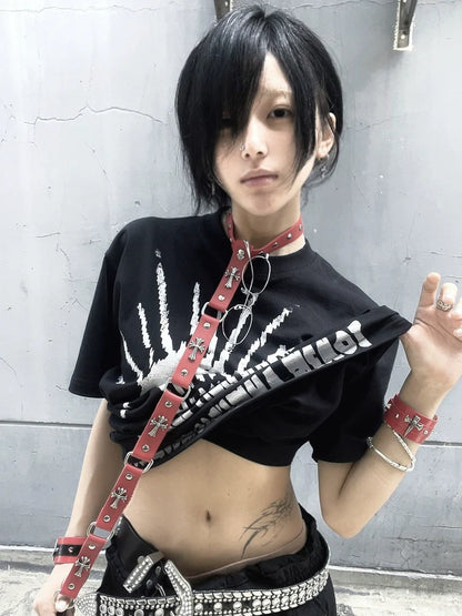 Y2K Black Polo Tee Skull Print Subculture Top