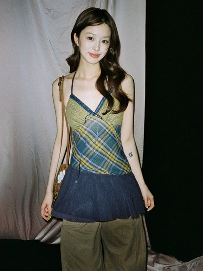 Retro Plaid V-Neck Halter Backless Mini Dress