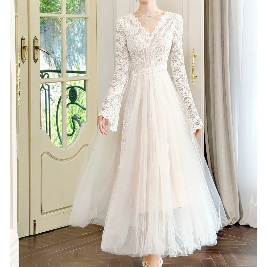 French V Neck Long Sleeve Mesh Gown Dress