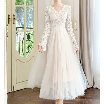 French V Neck Long Sleeve Mesh Gown Dress