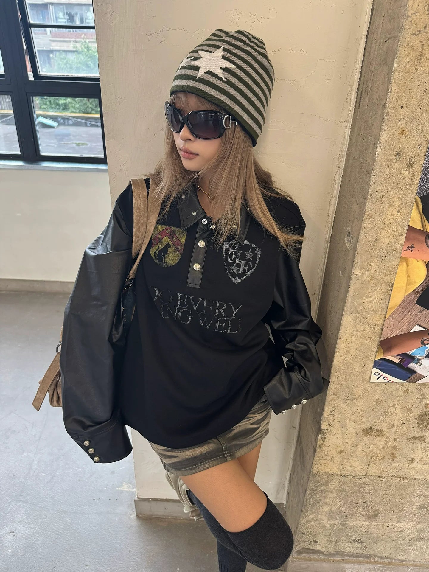 Visual Kei Polo Collar Sweatshirt Red Star Badge Print Long Sleeve Top