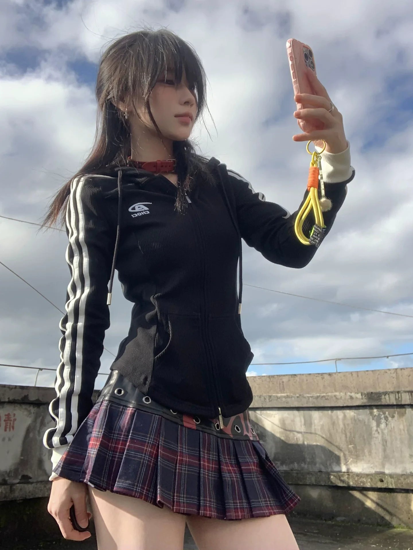 American Retro Black Zip Hoodie Slim Fit Hot Girl Outerwear