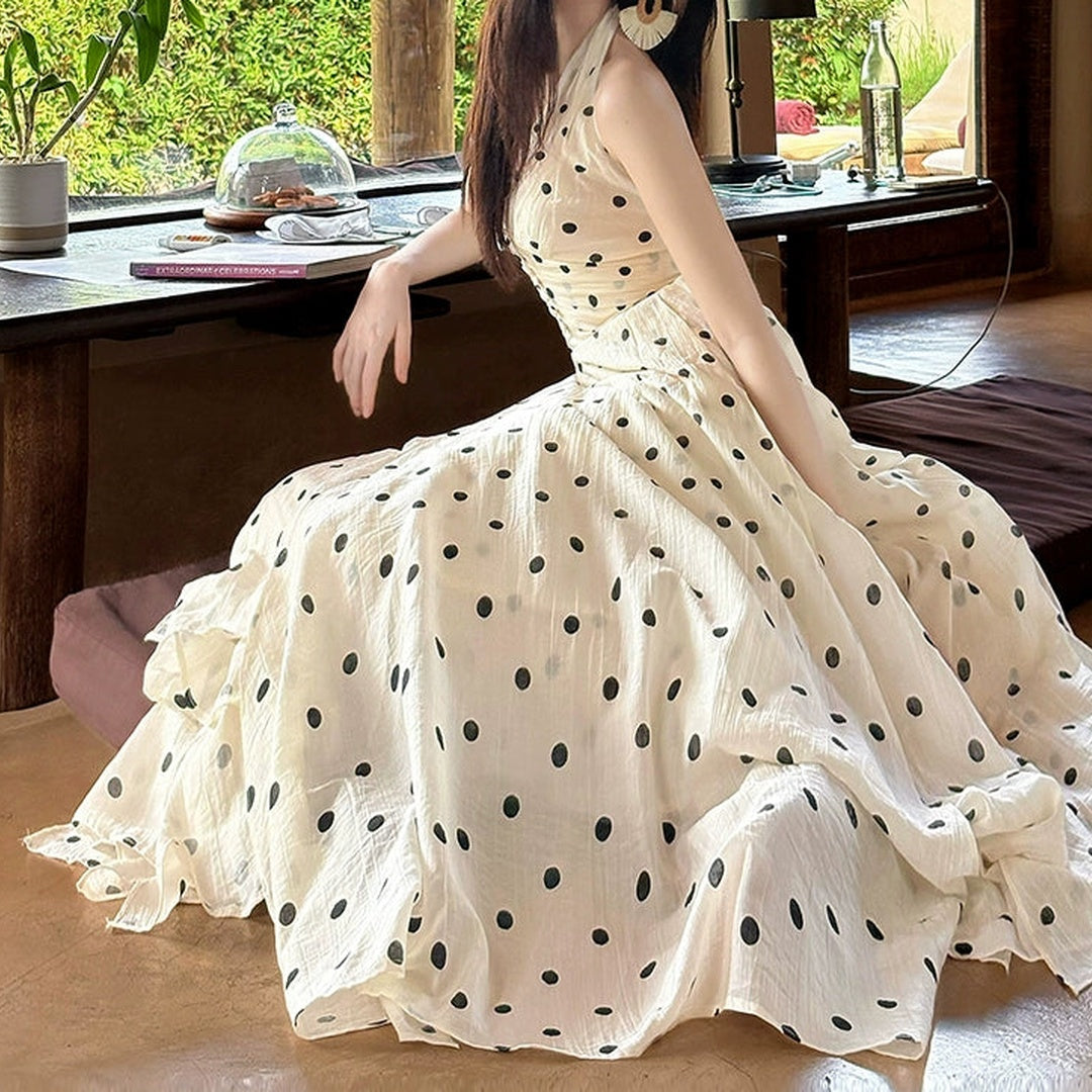 French Polka Dot Halter Lace Resort Gown Dress