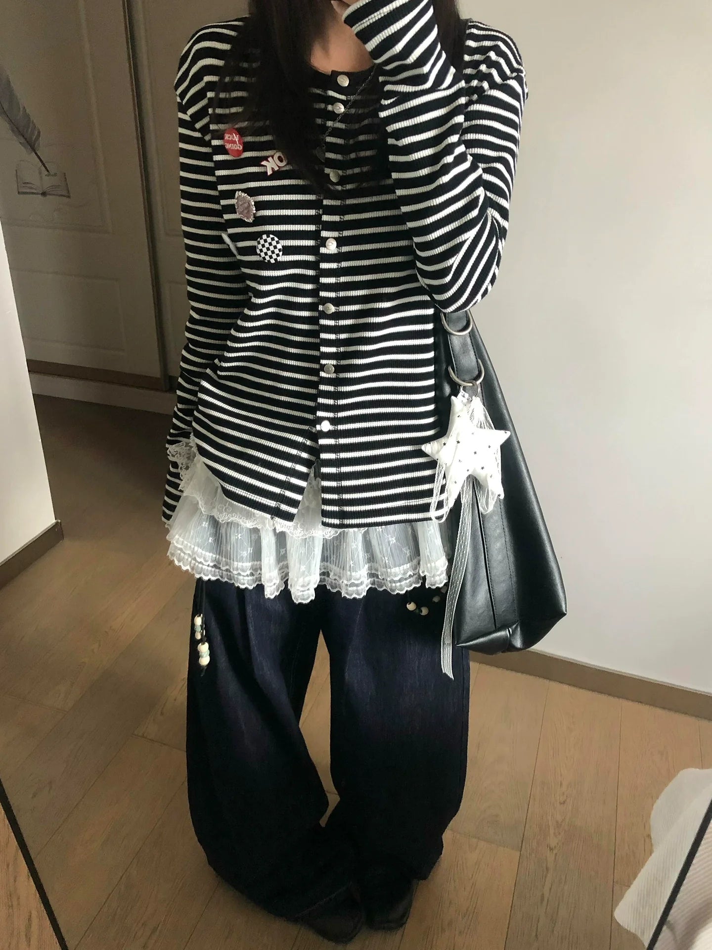 Vintage Black-White Stripe Knit Cardigan Y2K Loose Lazy Sweater