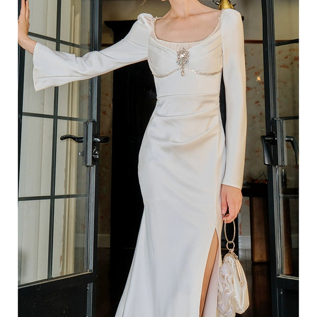 French Satin Embellished Mermaid Gown Dress