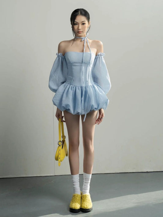 Soft Sexy Waist-Cinched Tube Top Dress With Arm Sleeves