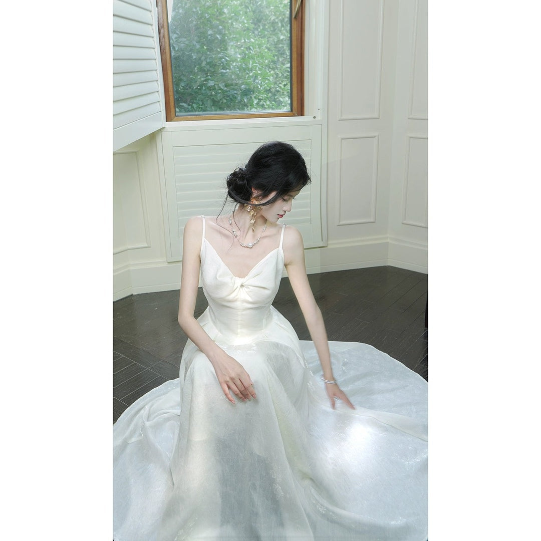 French White Floral Chiffon Halter Gown Dress