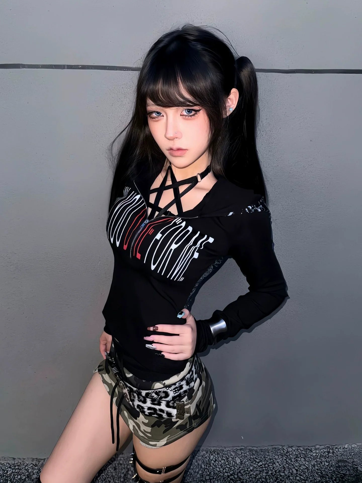 Subculture Snake Print Crop Hoodie Visual Kei Fitted Long Sleeve Top