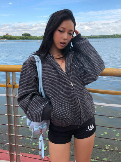 Retro Striped Zip Up Hoodie Wool Blend Oversized Top