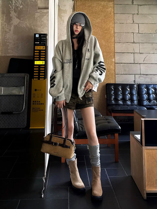 American Heavyweight Zip Hoodie Retro Letter Print Couple Goth Top