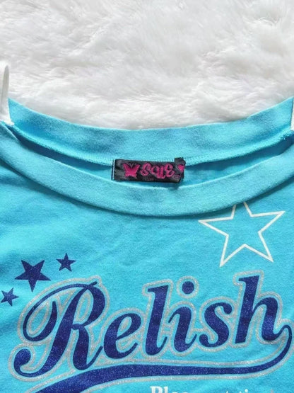 Blue Subculture Y2K E-girl Abi American Retro Star & Letter Print Short Sleeve Top