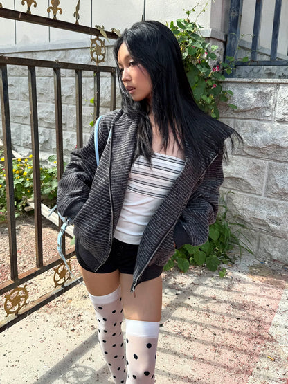 Retro Striped Zip Up Hoodie Wool Blend Oversized Top