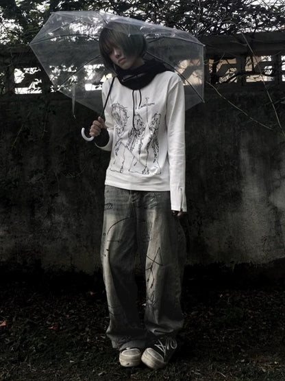 Y2K White Shoulder Heavy Henley Long Sleeve Top