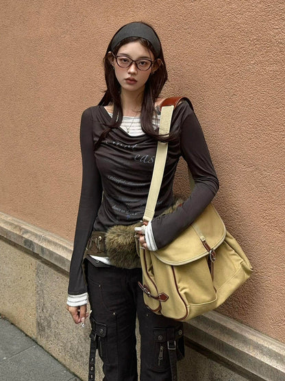 Korean Tencel Faux-Layered Draped Long Sleeve Tee Slim Sun-Proof Top