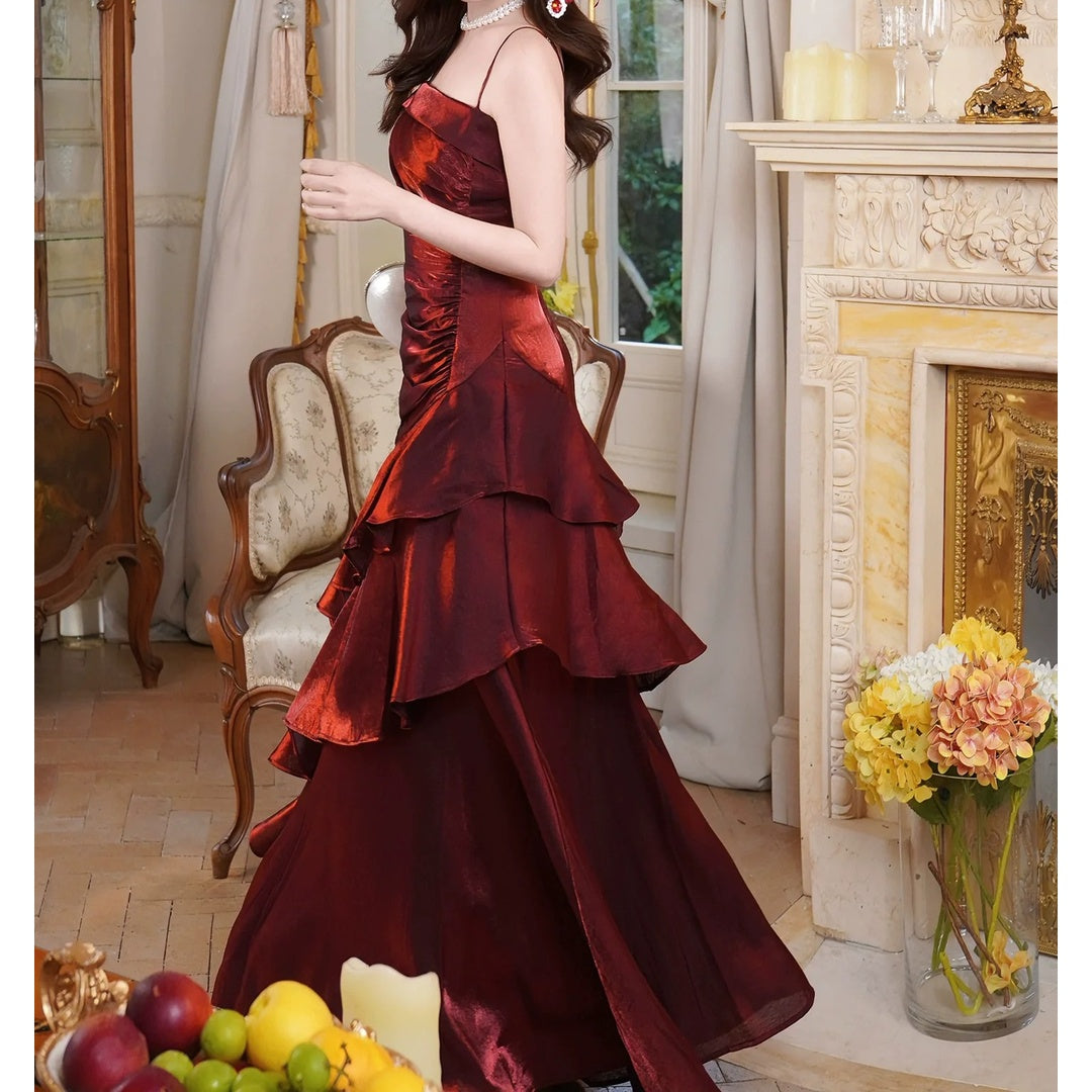 French Red Spaghetti Strap Adult Gown Dress