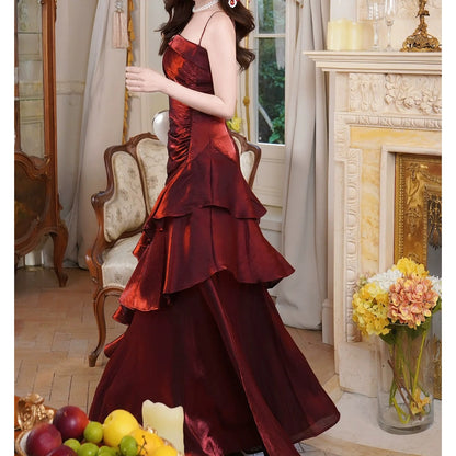 French Red Spaghetti Strap Adult Gown Dress