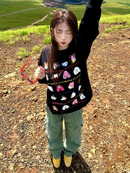 Korean Black Long Sleeve Tee Cute Puppy Print Relaxed Top