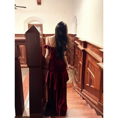 French Satin Off Shoulder Red Ruffle Gown Dress