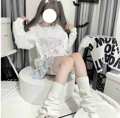 White Y2K Japanese Anime Cute Print Fleece Hoodie