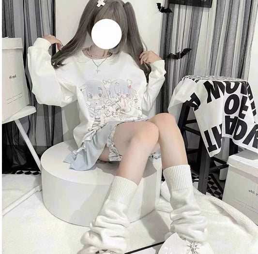 White Y2K Japanese Anime Cute Print Fleece Hoodie