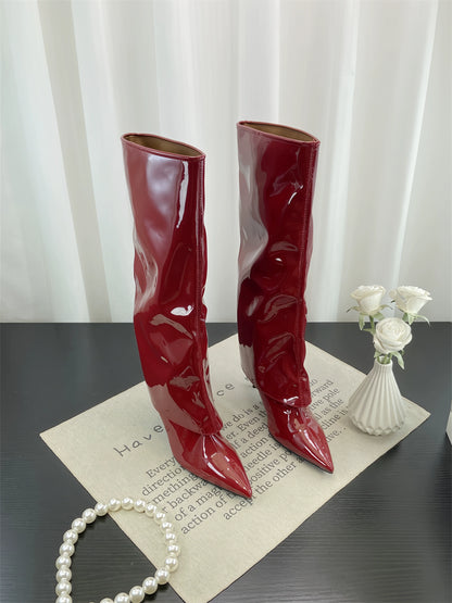 Fall Winter New European Sexy Red Patent Leather Knee High Thin Heel Luxury Pointed Toe Fashion Trouser Boots