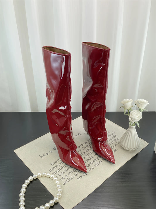Fall Winter New European Sexy Red Patent Leather Knee High Thin Heel Luxury Pointed Toe Fashion Trouser Boots