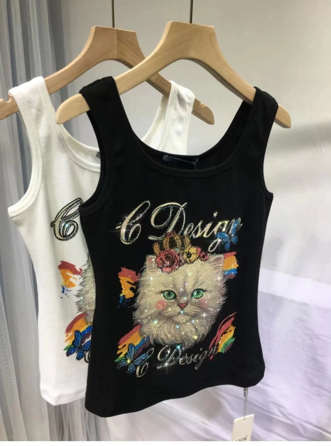 Black Punk Heavy Rhinestone Cat Y2K Tank Top