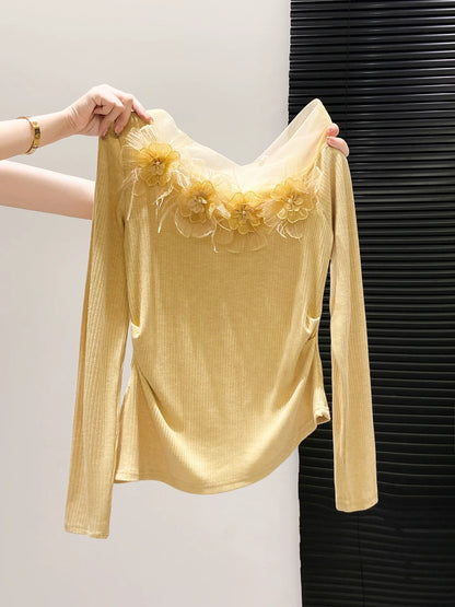 Unique Design Lace Tulle Off-The-Shoulder Long-Sleeve Fitted Base Layer Top With 3D Flowers