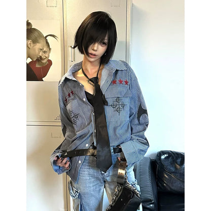 Y2K Distressed Striped Long Sleeve Shirt