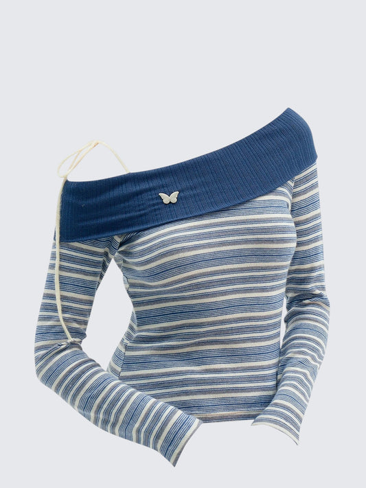 Korean One Shoulder Striped Tie T-shirt