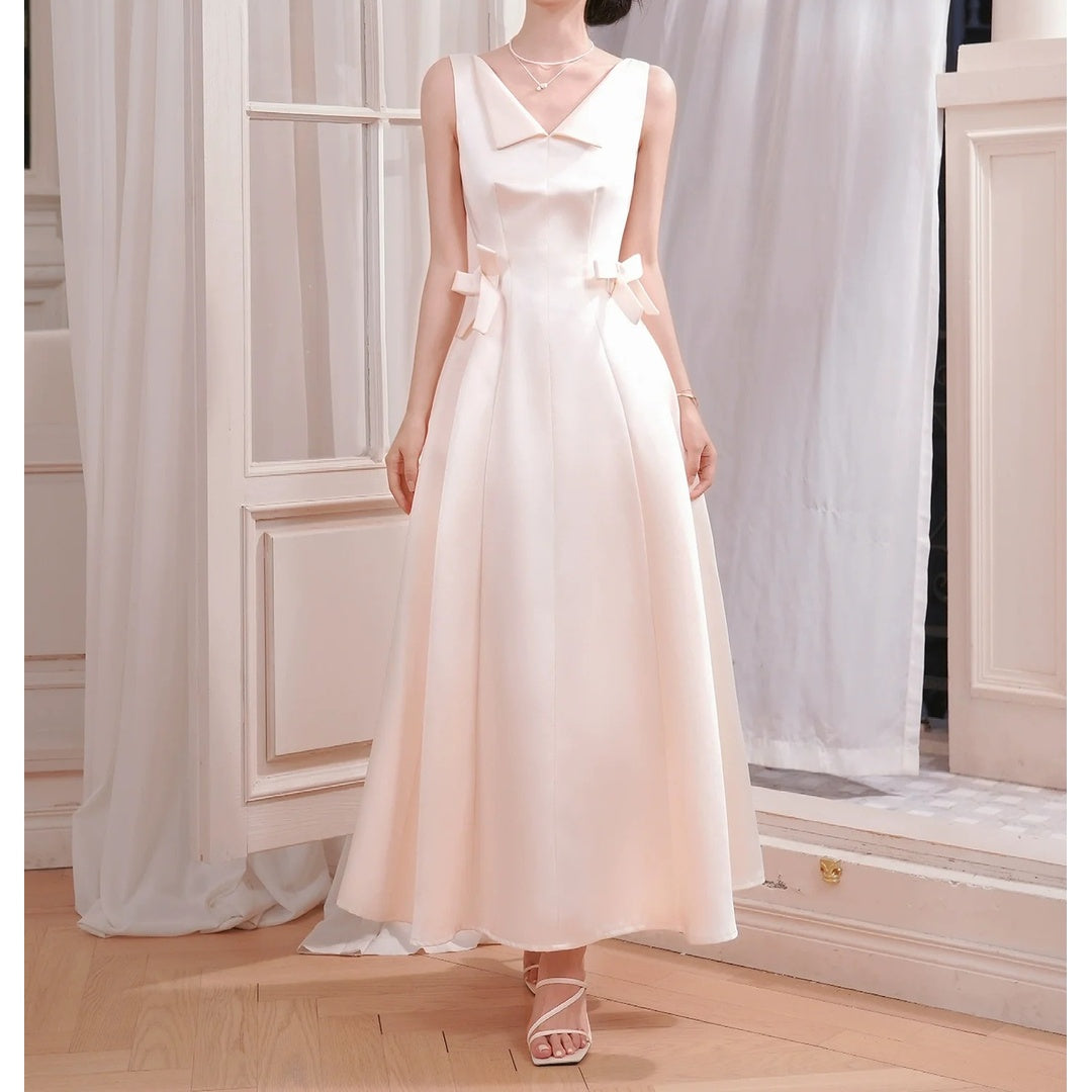 French White Satin V-Neck Sleeveless Butterfly Gown Dress