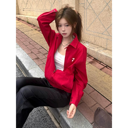 American Red Retro Jacket Autumn-Winter Casual Loose Fit Vintage Collar Top