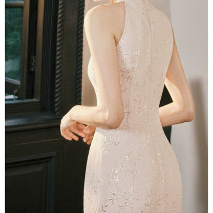 Modern Chinese Pink Jacquard Slit Gown Dress