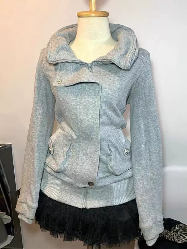 Gray Subculture Y2K E-girl Vintage Retro Collared Hoodie Autumn/Winter Slim Sport Yoga Jacket