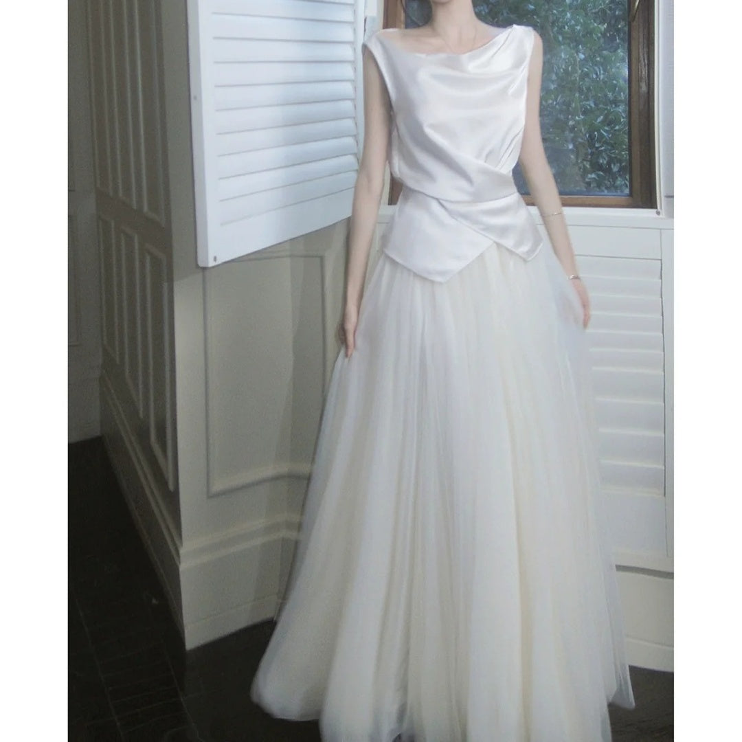 French One-Shoulder Satin Mesh Skirt Set Gown Dress