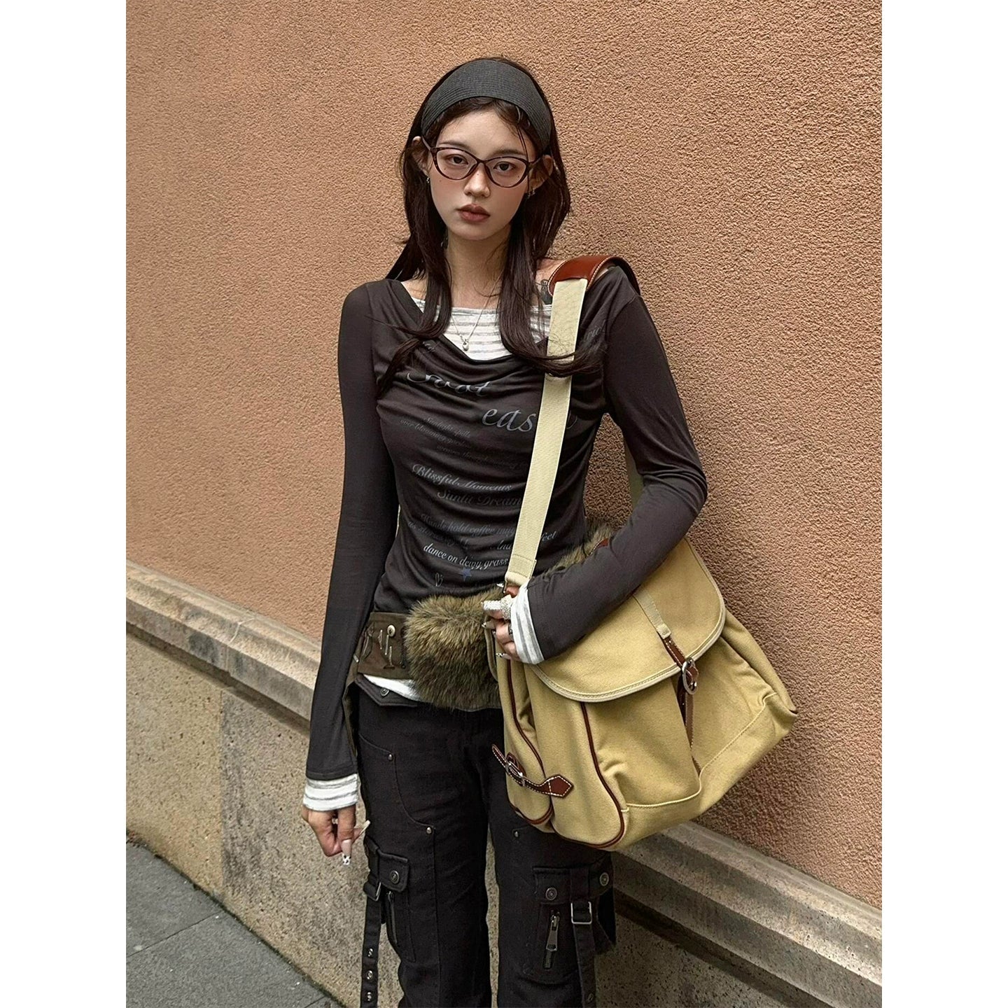 Korean Tencel Faux-Layered Draped Long Sleeve Tee Slim Sun-Proof Top