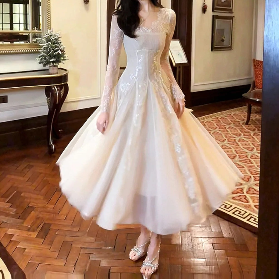 French Vintage Long Sleeve Lace Gown Dress