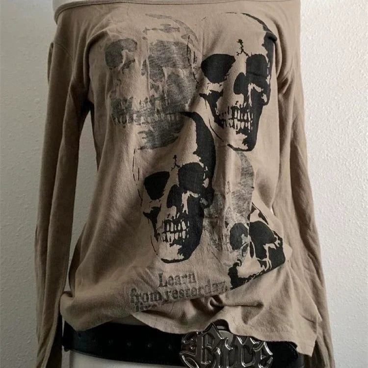 Brown Vintage Skull Off-The-Shoulder Fitted Y2K T-Shirt
