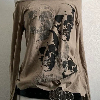 Brown Vintage Skull Off-The-Shoulder Fitted Y2K T-Shirt