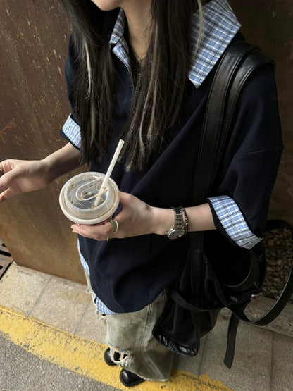 Navy Fake Two Piece Polo Top