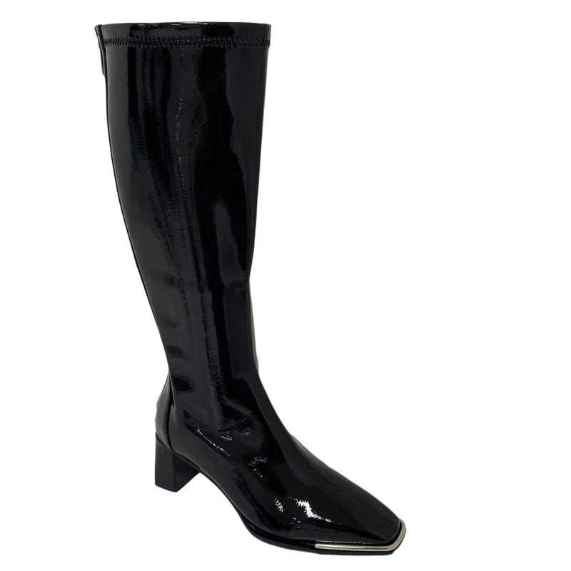 Celebrity Inspired Knee High Boots Women Spring Autumn Patent Leather High Heel Fleece Lined Knee High Biker Boots