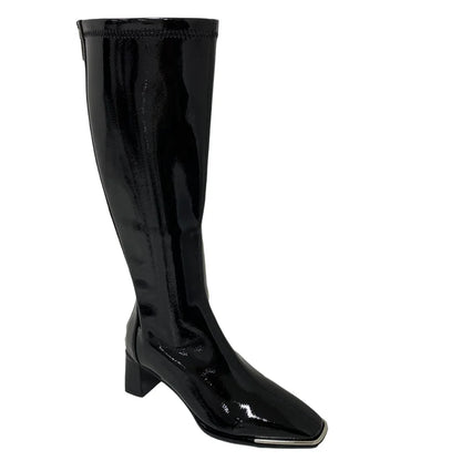 Celebrity Inspired Knee High Boots Women Spring Autumn Patent Leather High Heel Fleece Lined Knee High Biker Boots