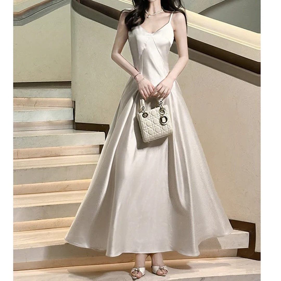 French Satin Spaghetti Strap Engagement Birthday Gown Dress